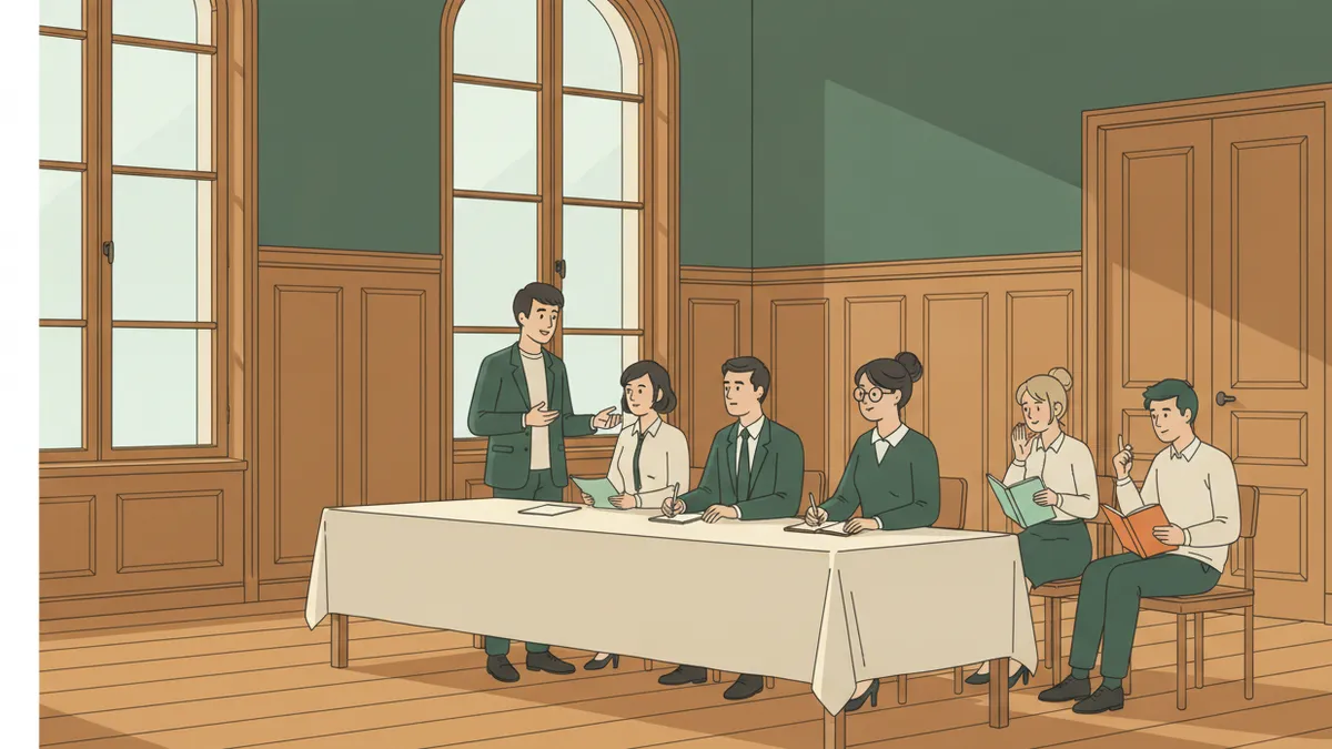 Illustration : dans une salle de classe ancienne aux boiseries et aux grandes fenêtres, un étudiant debout répond à un jury assis derrière une longue table nappée ; à côté, deux étudiants attendent leur tour en relisant leurs notes.
