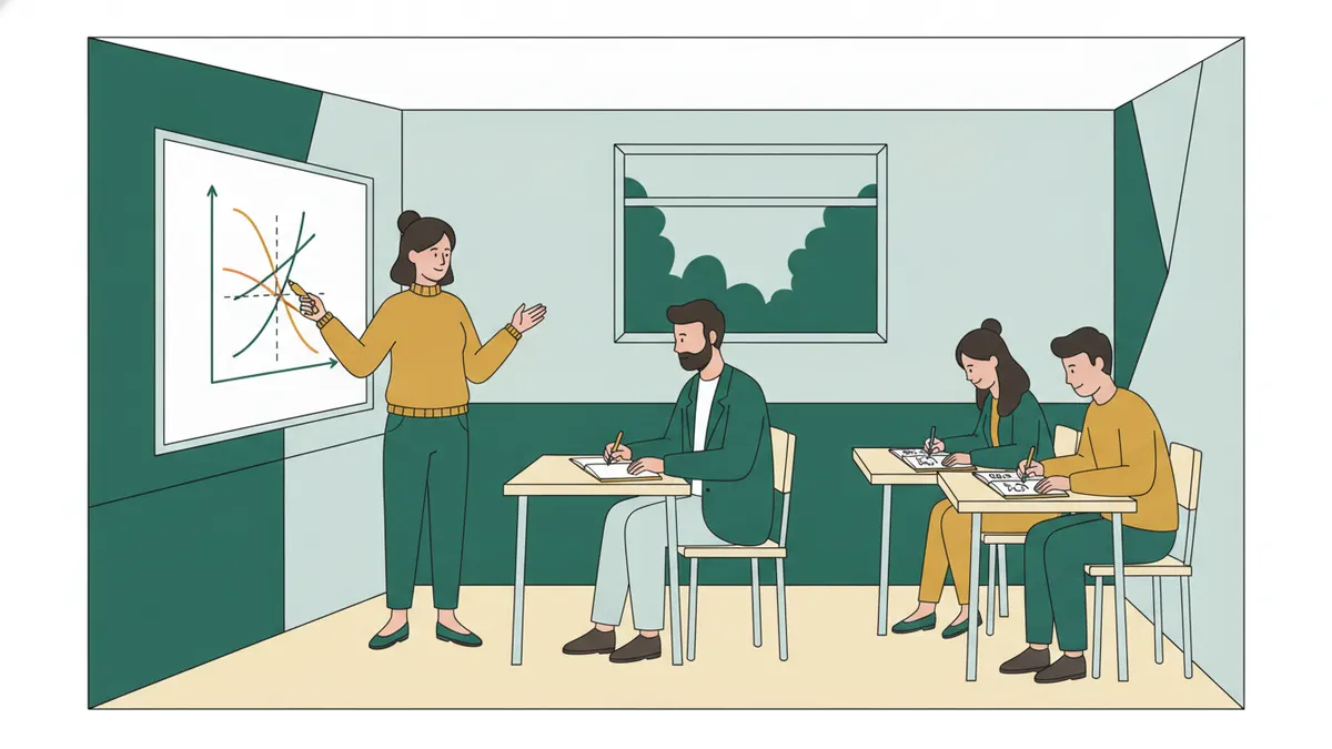 Illustration : dans une petite salle de classe, une étudiante explique au tableau un graphique d'offre et de demande à un professeur assis qui prend des notes ; deux autres étudiants attendent leur tour, leurs fiches à la main.