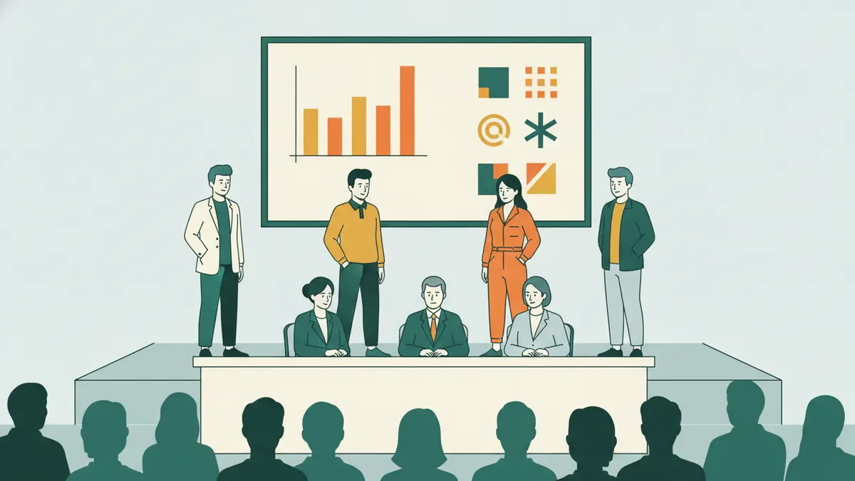 Illustration : quatre étudiants présentent leur projet de start-up sur une scène devant un jury de trois adultes assis ; derrière eux, un écran affiche un graphique en barres et des pictogrammes ; au premier plan, les silhouettes du public.