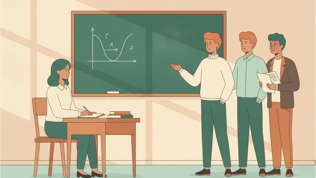 Illustration : dans une petite salle de classe, trois étudiants debout près d'un tableau vert où sont tracées des courbes ; l'un présente, une enseignante assise à son bureau l'écoute et prend des notes.