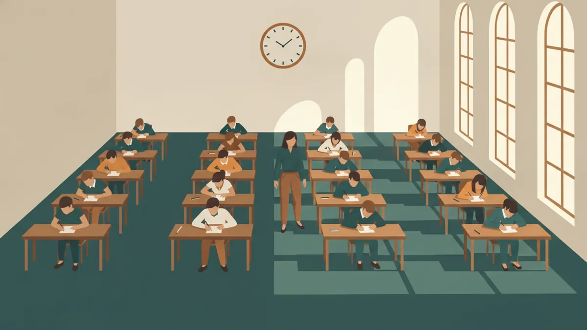 Illustration : une grande salle claire aux fenêtres en arc, des rangées de tables individuelles où une douzaine d'étudiants composent sur des copies ; une professeure circule entre les rangs, une horloge au mur.