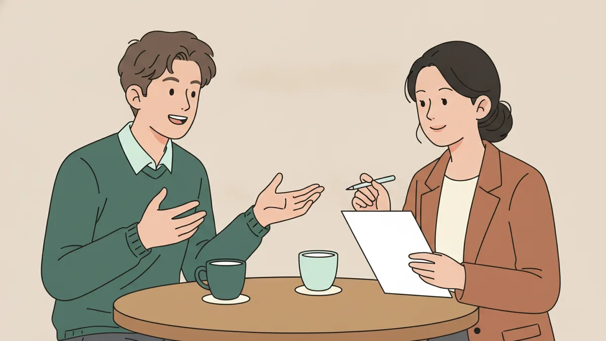 Illustration : un étudiant en chemise, assis face à une professionnelle en veste, s'entraîne à un entretien ; elle tient une grille d'évaluation et lui sourit, il gesticule en parlant.