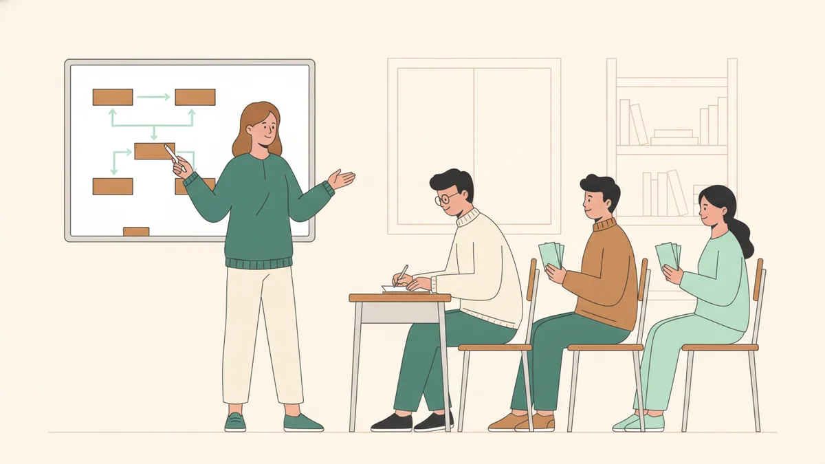 Illustration : dans une petite salle de classe, une étudiante au tableau présente un cas d'entreprise avec un schéma, face à un professeur assis qui prend des notes ; deux camarades attendent leur tour avec leurs fiches.