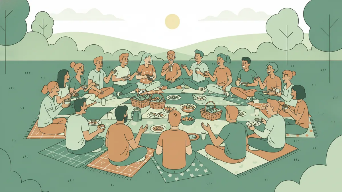 Illustration : sur une pelouse, une vingtaine d'étudiants assis en cercle sur des nappes partagent un pique-nique ; certains rient, d'autres se présentent, un professeur est assis avec eux.