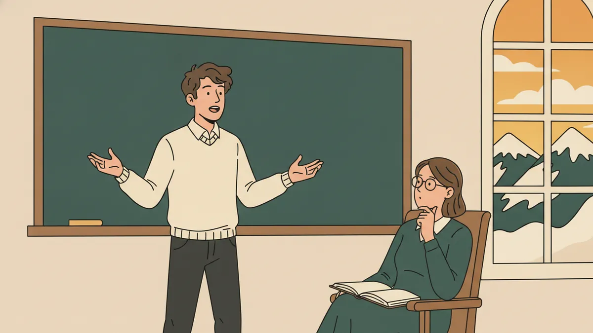 Illustration : un étudiant debout devant un tableau noir parle en faisant des gestes, face à une professeure assise qui l'écoute, un livre ouvert sur les genoux ; par la fenêtre, des sommets enneigés.