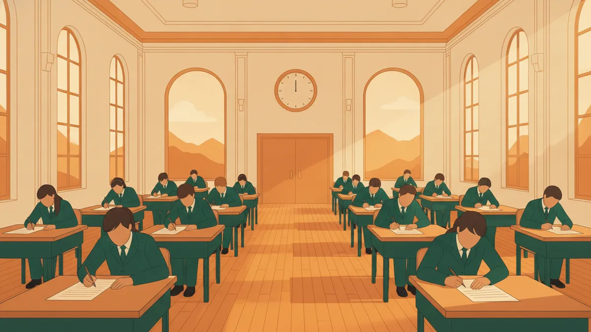 Illustration : une grande salle aux hautes fenêtres, une vingtaine d'étudiants en rangs écrivent sur des copies ; une horloge au mur, les montagnes au loin.