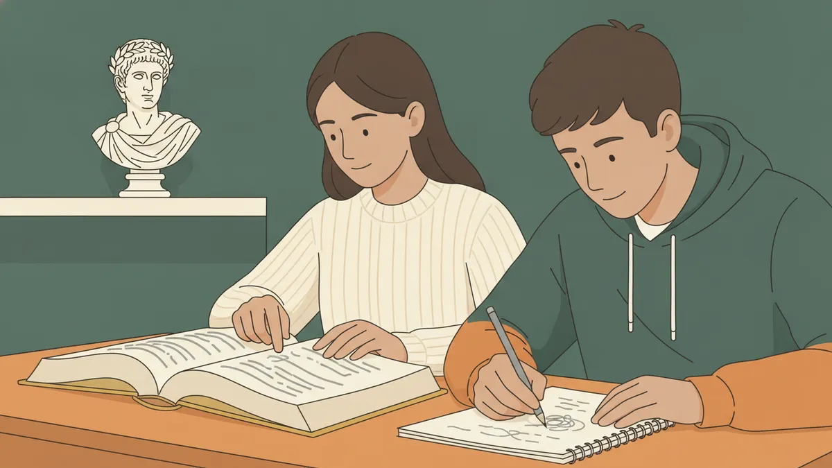 Illustration : deux étudiants côte à côte à un bureau ; l'une suit les lignes d'un gros dictionnaire avec le doigt, l'autre écrit dans un cahier ; derrière eux, un buste romain en plâtre.
