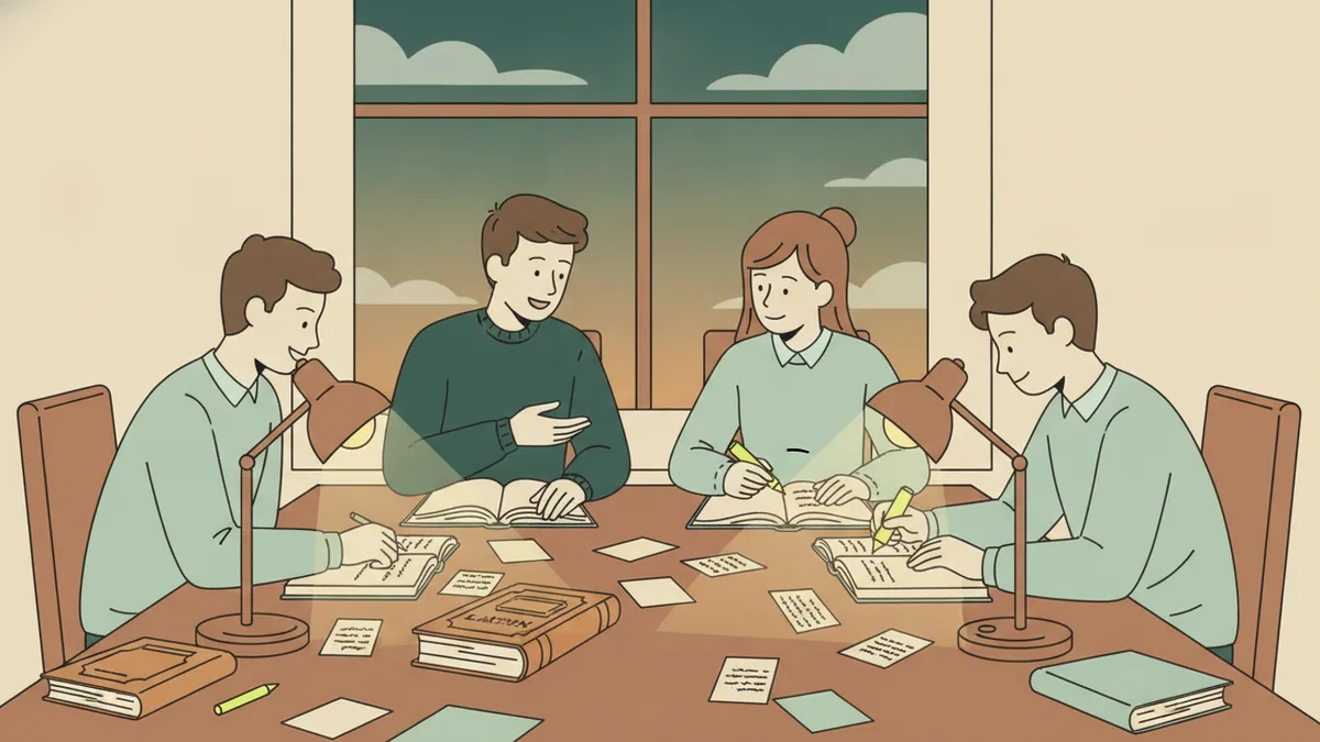 Illustration : le soir, dans une salle d'étude, quatre étudiants travaillent ensemble autour d'une table couverte de livres, de fiches et d'un dictionnaire de latin.