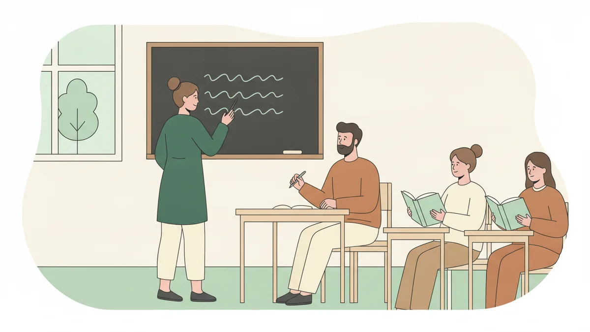 Illustration : une étudiante présente oralement un commentaire de texte au tableau devant un professeur assis qui prend des notes, deux autres étudiants attendent leur tour avec leurs livres.