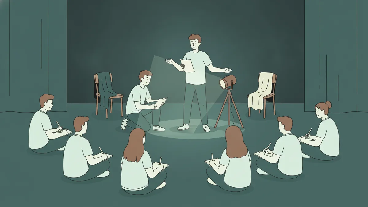 Illustration : dans une salle transformée en scène, des étudiants répètent une pièce, l'un déclame texte en main, une autre règle un projecteur, les autres observent assis en cercle.
