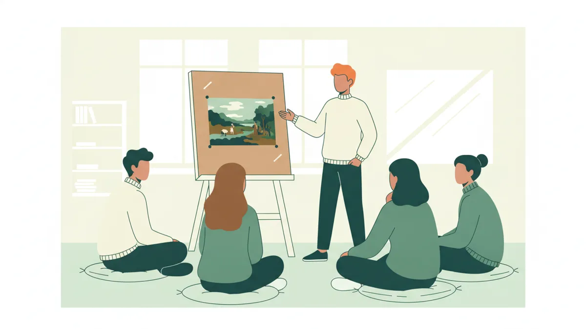 Illustration : dans une salle claire, des étudiants assis en cercle écoutent l'un d'eux présenter la reproduction d'un tableau de paysage posée sur un chevalet ; il désigne l'œuvre de la main.