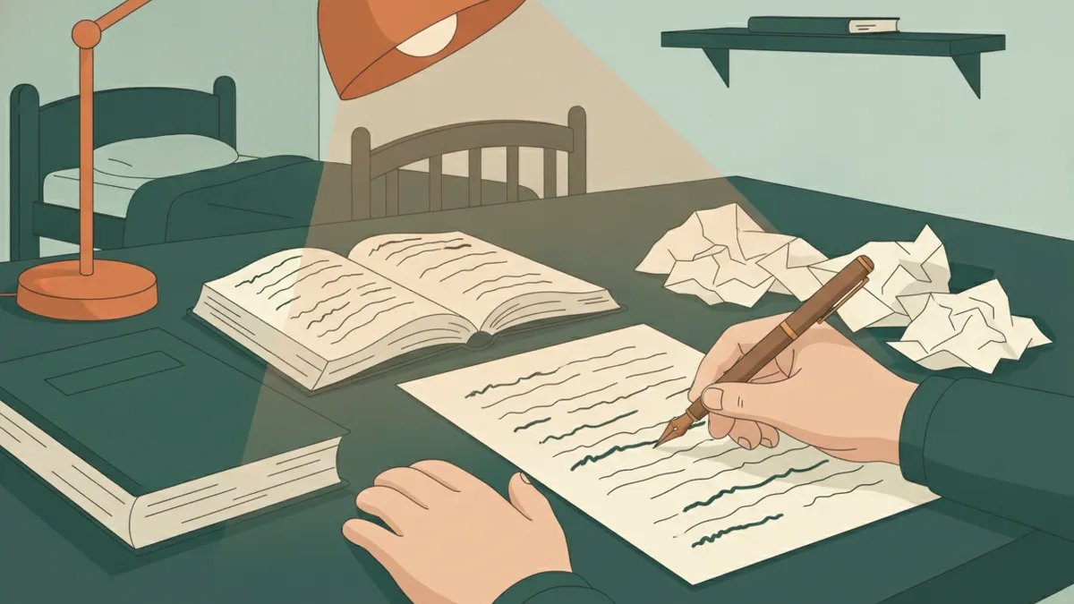 Illustration : gros plan sur la main d'un étudiant qui rédige une dissertation à la plume sur de grandes copies, à côté d'un livre ouvert et d'un livre vert fermé, sous une lampe de bureau ; un lit en arrière-plan.