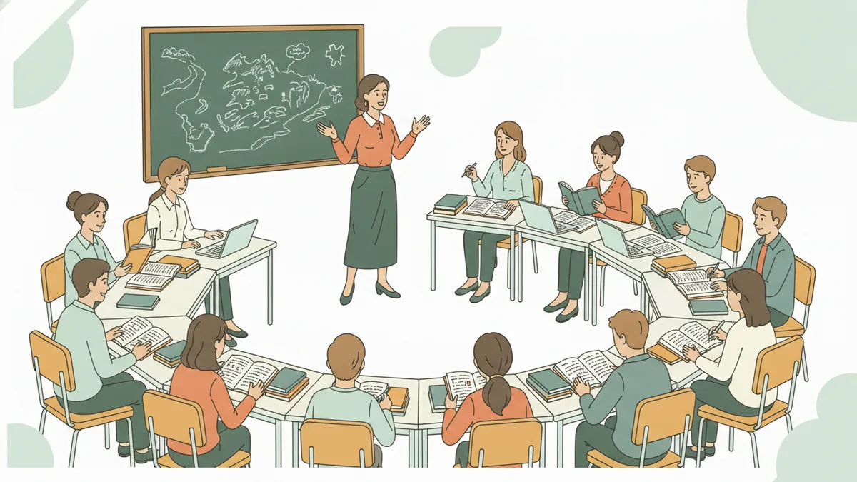 Illustration : une petite classe d'une quinzaine d'étudiants prend des notes à la main et lit des livres annotés, disposée en arc de cercle, pendant qu'une enseignante parle devant un tableau noir où une carte est esquissée.