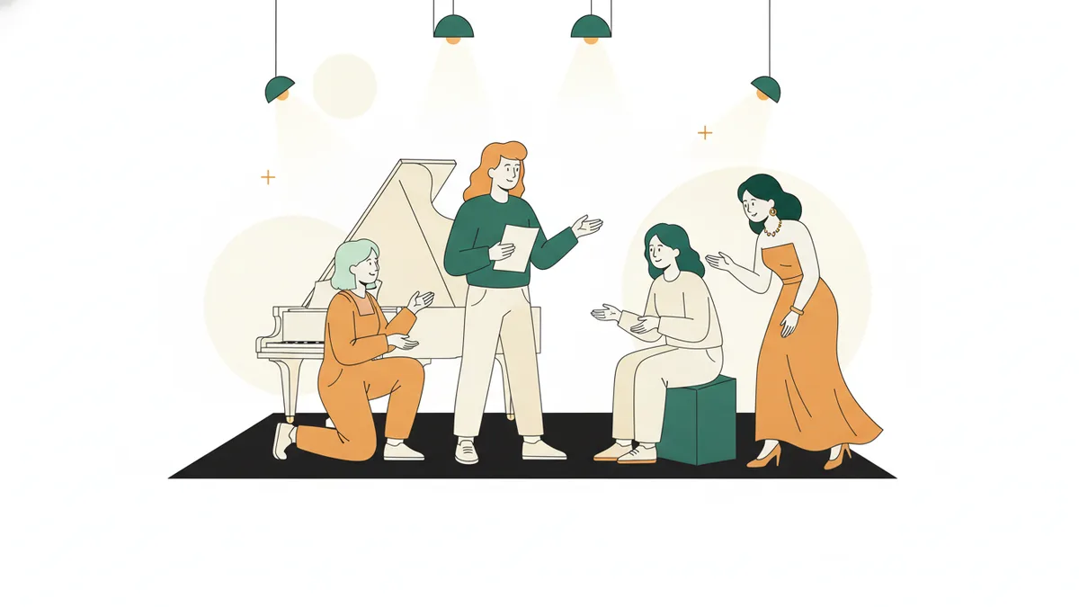 Illustration : sur une petite scène noire éclairée par des projecteurs, avec un piano dans un coin, trois étudiants répètent une scène ; une comédienne professionnelle les conseille depuis le bord du plateau.