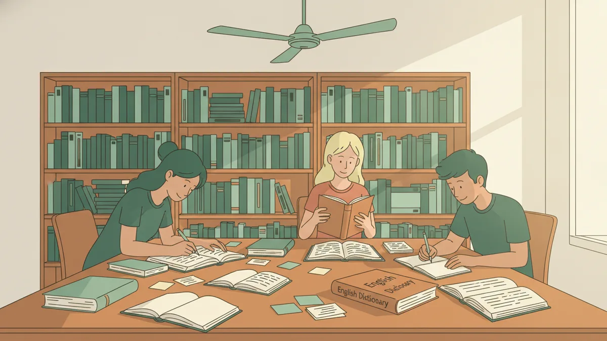 Illustration : deux étudiantes et un étudiant travaillent ensemble à une grande table de bibliothèque couverte de livres ouverts et de fiches ; l'un souligne un passage, une autre tient un dictionnaire d'anglais.