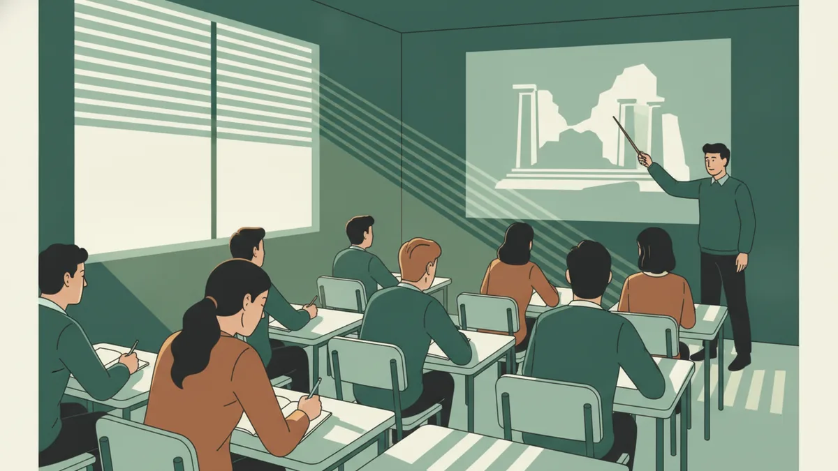 Illustration : dans une salle de classe assombrie, une dizaine d'étudiants regardent un extrait de film projeté au mur ; une étudiante au premier rang prend des notes, un professeur debout montre un détail de l'image.