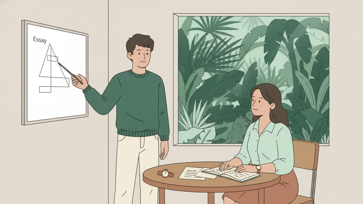Illustration : un étudiant debout devant un petit tableau blanc présente son plan à une professeure assise qui l'écoute, un livre ouvert devant elle ; sur la table, des feuilles de brouillon et une montre.