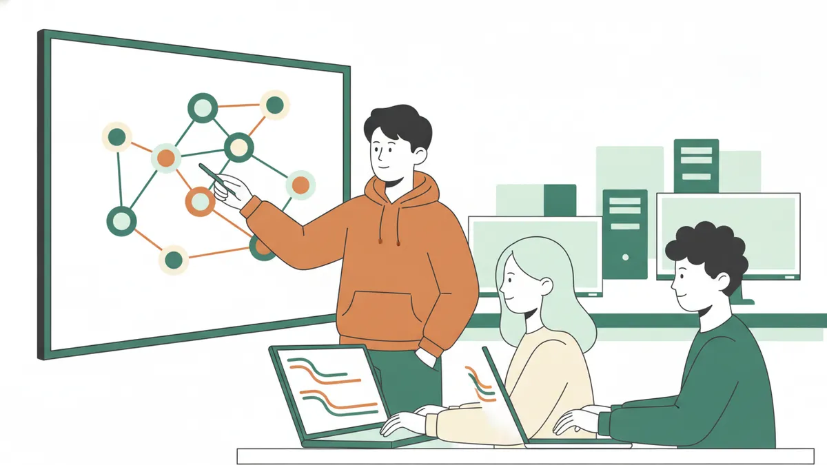 Illustration : dans une salle informatique, un étudiant en sweat orange montre un graphe de nœuds et d'arêtes dessiné au tableau ; deux camarades devant leurs ordinateurs portables tapent du code.