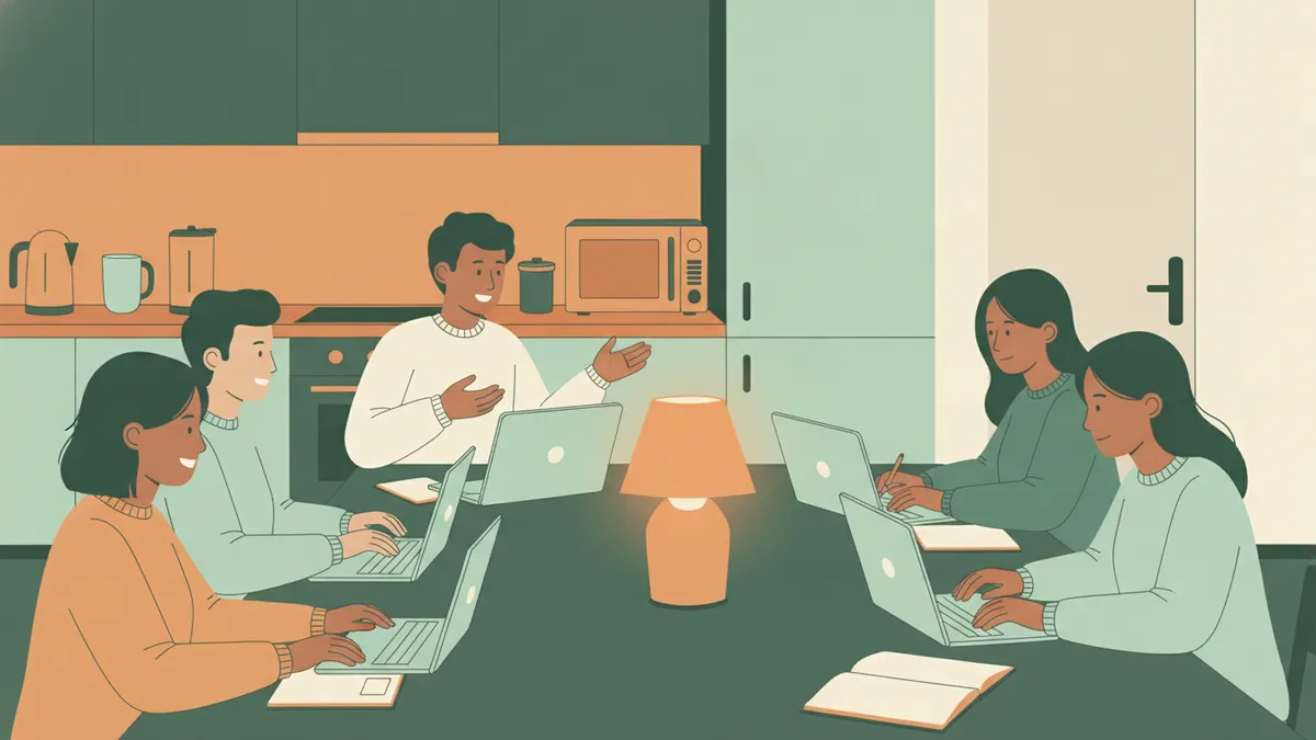 Illustration : le soir, dans une salle commune avec kitchenette, cinq étudiants travaillent autour d'une grande table éclairée par une lampe ; l'un explique quelque chose à son voisin, les autres tapent sur leurs ordinateurs.