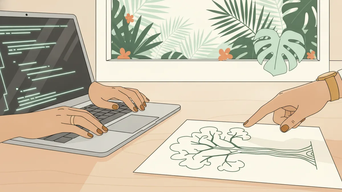 Illustration : gros plan sur les mains d'une étudiante qui programme sur un ordinateur portable ; à côté, un étudiant montre un arbre dessiné sur une feuille ; des plantes tropicales par la fenêtre.