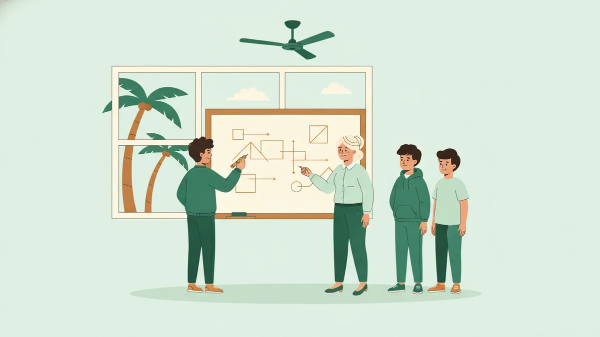 Illustration : un étudiant résout un problème de maths au tableau blanc devant un professeur et deux camarades qui attendent leur tour ; un ventilateur au plafond, des palmiers par la fenêtre.