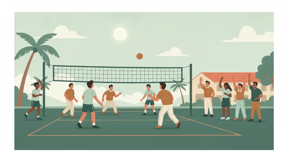 Illustration : des étudiants et des professeurs jouent un match de volley amical sur un terrain extérieur sous un ciel lumineux, d'autres encouragent sur le côté.