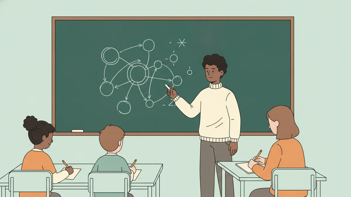 Illustration : un élève debout devant un grand tableau vert dessine à la craie un graphe de cercles reliés par des flèches et l'explique ; trois autres élèves l'écoutent assis en prenant des notes.