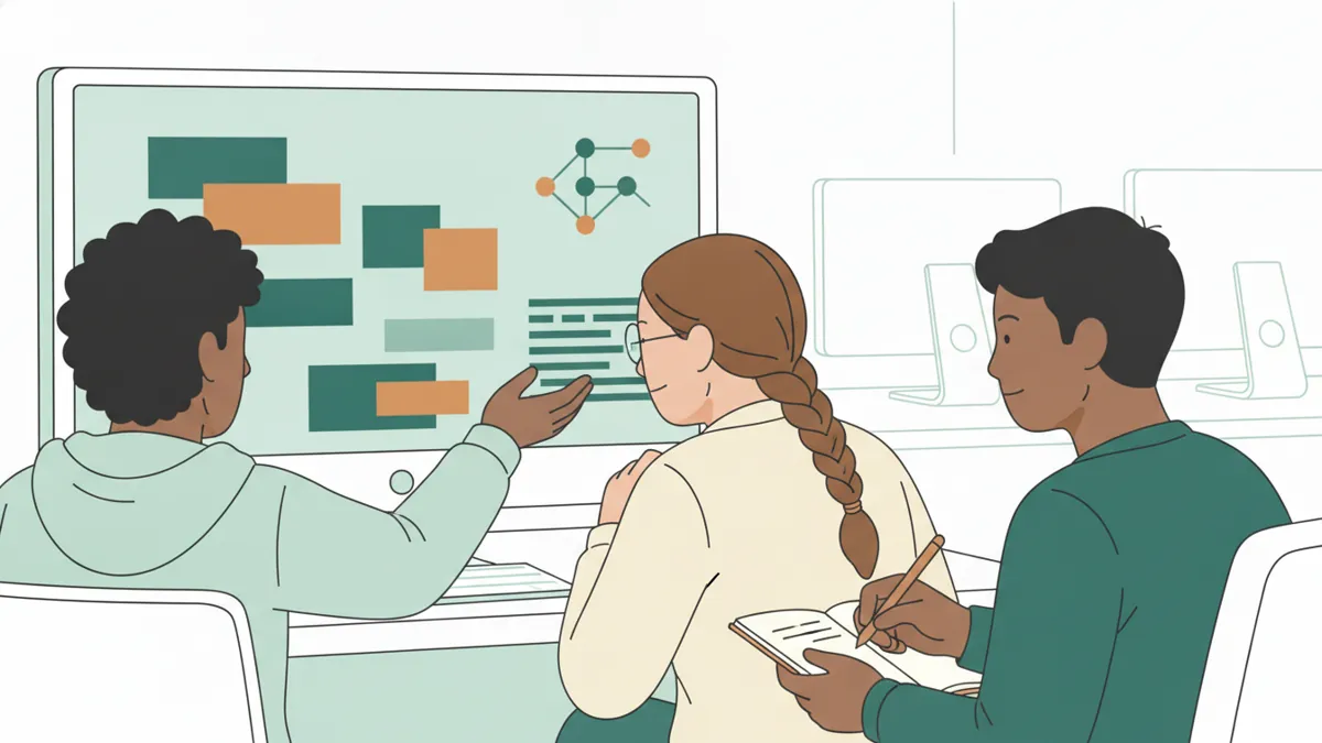 Illustration : trois élèves en salle informatique travaillent ensemble devant un écran couvert de blocs colorés et d'un petit graphe de cercles reliés ; l'un montre l'écran, une autre prend des notes.