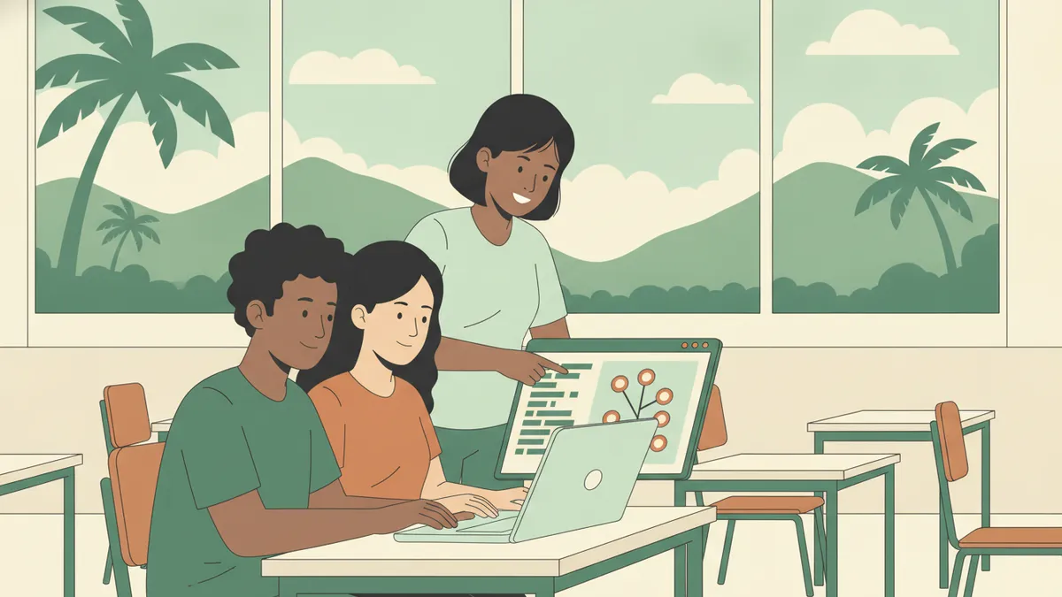 Illustration : deux étudiants programment ensemble sur un ordinateur portable dans une salle claire ; par les fenêtres, des palmiers et des montagnes vertes ; l'écran montre des blocs de code et un arbre de cercles reliés ; une enseignante debout derrière eux pointe l'arbre du doigt.