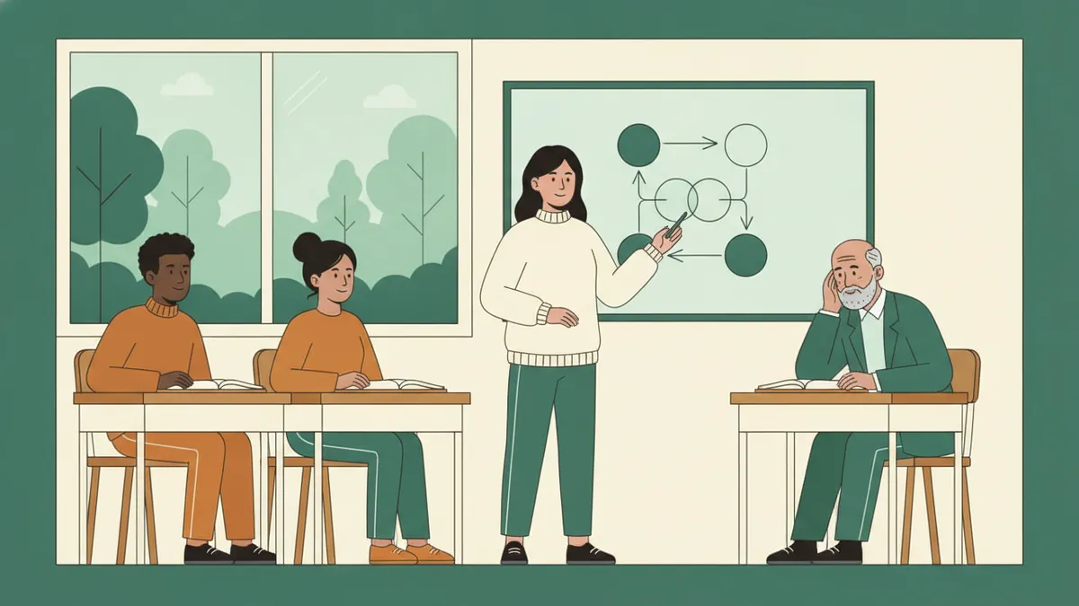 Illustration : dans une petite salle, une étudiante au tableau dessine un automate fait de cercles reliés par des flèches ; deux camarades attendent leur tour avec leurs cahiers ; un examinateur l'écoute, assis à une table.