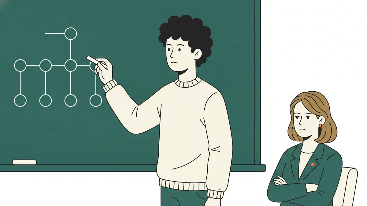 Illustration : un étudiant trace à la craie un arbre binaire, des cercles reliés par des traits, sur un tableau vert ; une examinatrice assise à côté l'observe, bras croisés.