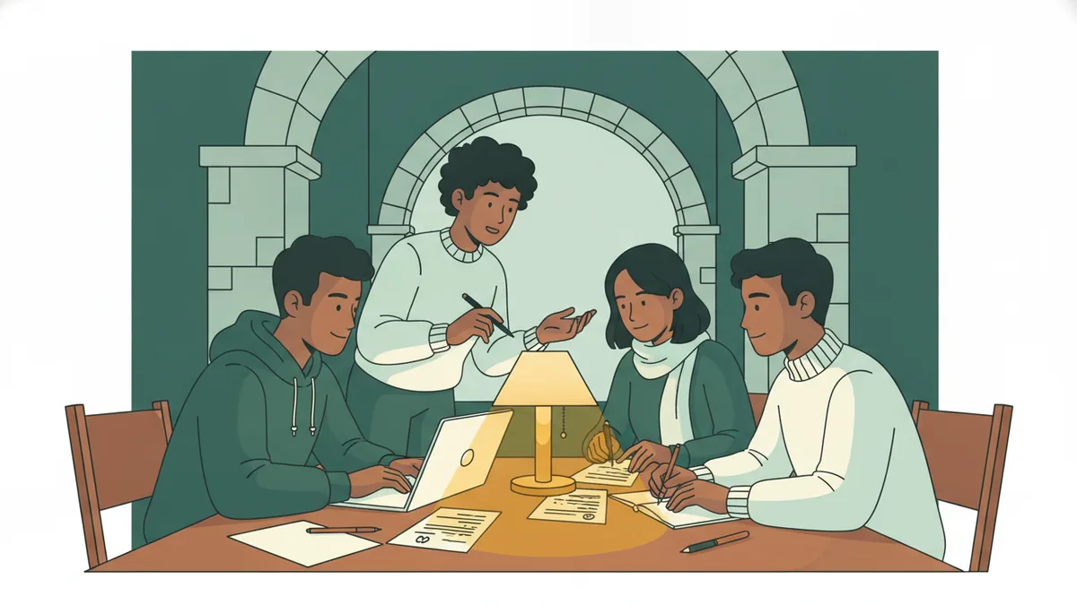 Illustration : le soir, dans une salle commune aux arcades de pierre, quatre étudiants résolvent un problème autour d'une table, avec un ordinateur portable et des feuilles ; l'un explique, stylo en main, sous une lampe.