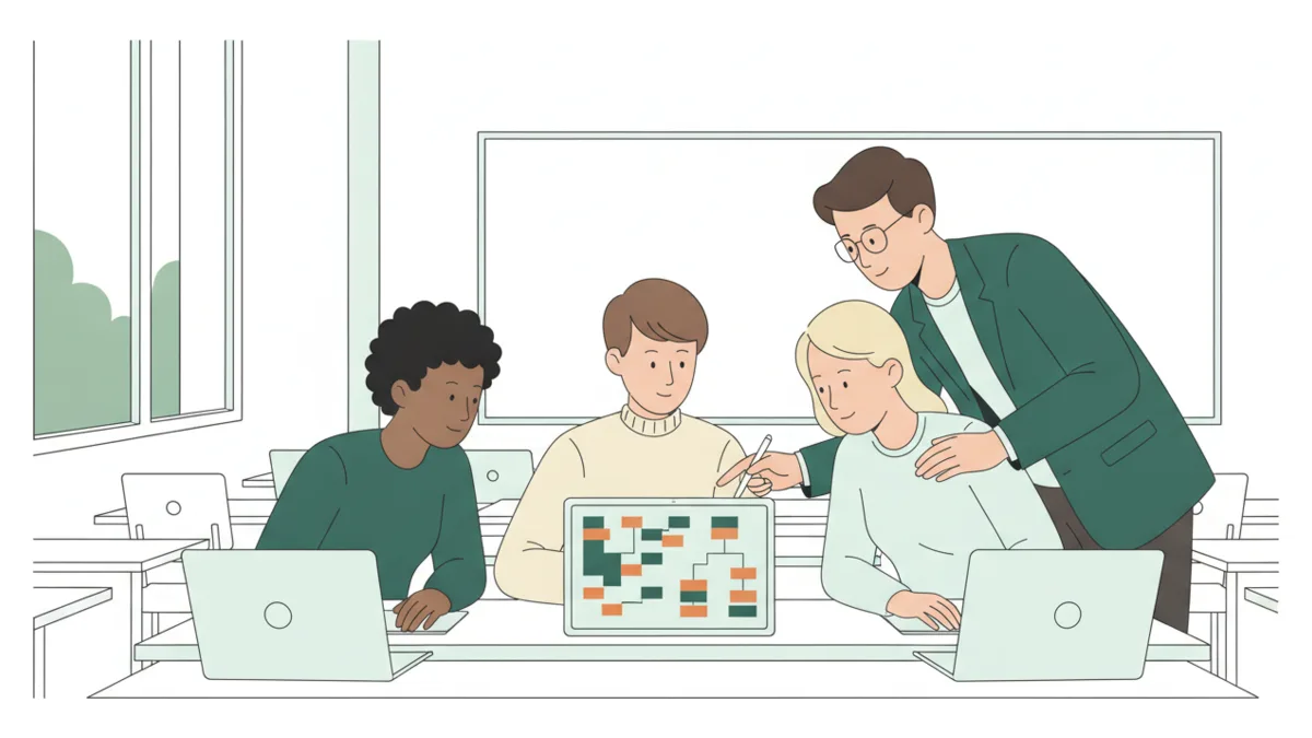 Illustration : trois étudiants devant des ordinateurs portables dans une salle de classe, travaillant ensemble sur un programme ; l'un montre à l'écran des blocs de couleur et un schéma en arbre, un professeur se penche pour les aider.