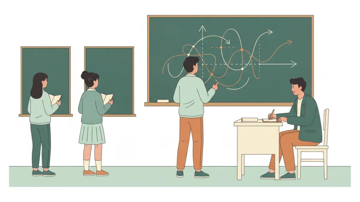 Illustration : une colle dans une petite salle ; un étudiant debout au tableau trace un graphe de points reliés par des flèches et des courbes, un professeur assis prend des notes, deux autres élèves travaillent à des tableaux sur le côté.