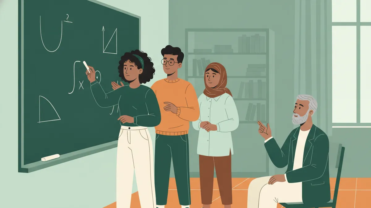 Illustration : une colle de prépa ; trois étudiants debout devant un grand tableau noir couvert de courbes et de figures, l'une résout un exercice à la craie, un professeur assis à côté l'écoute et lui pose une question.