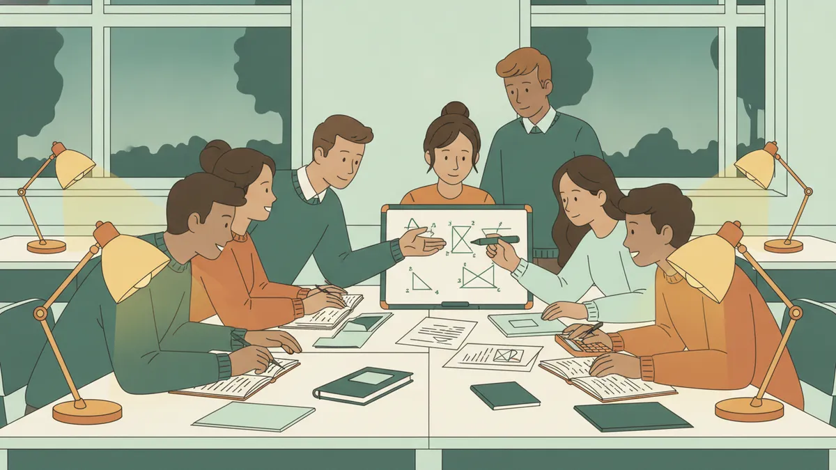 Illustration : en début de soirée, une salle de classe transformée en salle d'étude, éclairée par des lampes de bureau ; des étudiants de prépa travaillent ensemble sur des exercices de maths et de physique, l'un explique un schéma sur un petit tableau blanc.