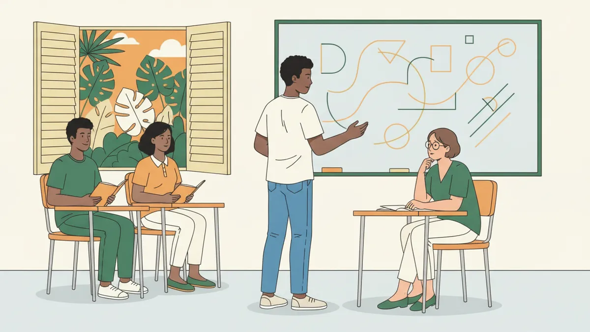 Illustration : dans une salle de classe aux persiennes ouvertes sur des plantes tropicales, un étudiant debout au tableau explique son raisonnement devant des courbes et des figures ; la professeure, assise, l'écoute ; deux autres étudiants attendent leur tour, cahier en main.