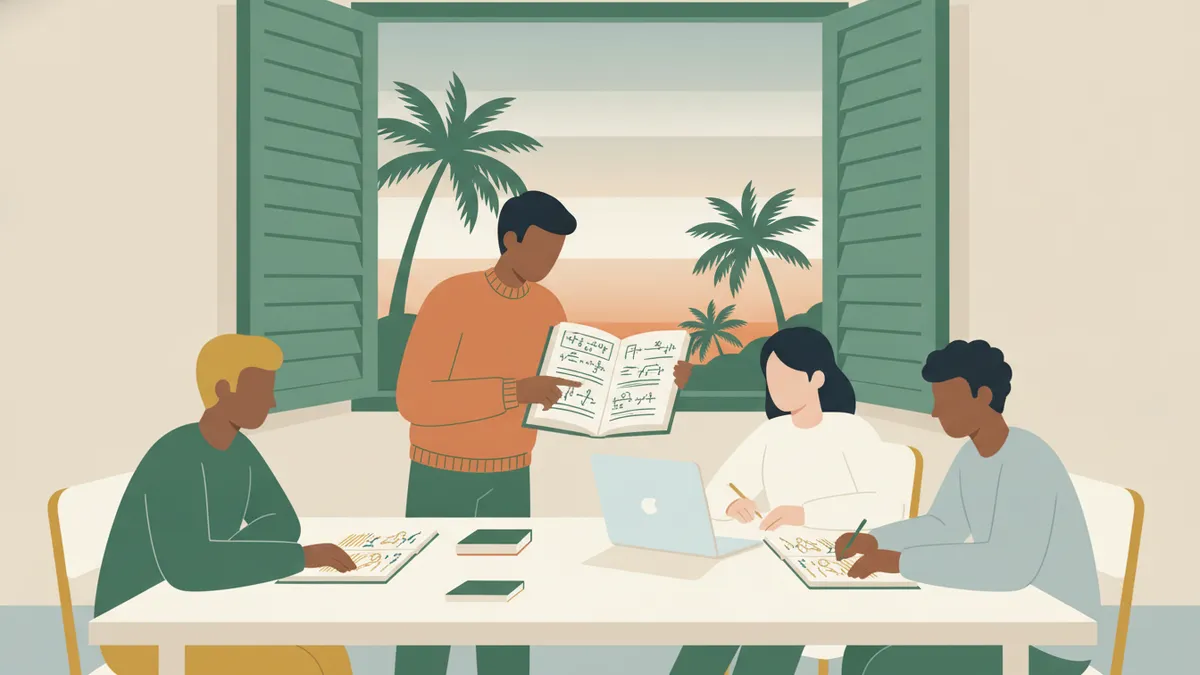 Illustration : le soir, dans une salle d'études aux fenêtres ouvertes sur des palmiers, quatre étudiants travaillent ensemble autour d'une table ; l'un d'eux explique un schéma de son manuel aux autres.