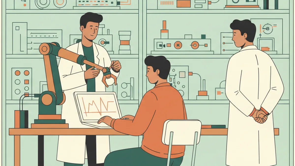 Illustration : dans un laboratoire de sciences de l'ingénieur, un étudiant règle un capteur sur un petit bras robotisé, un autre observe une courbe sur un ordinateur portable, un troisième regarde ; des systèmes techniques sur les étagères.