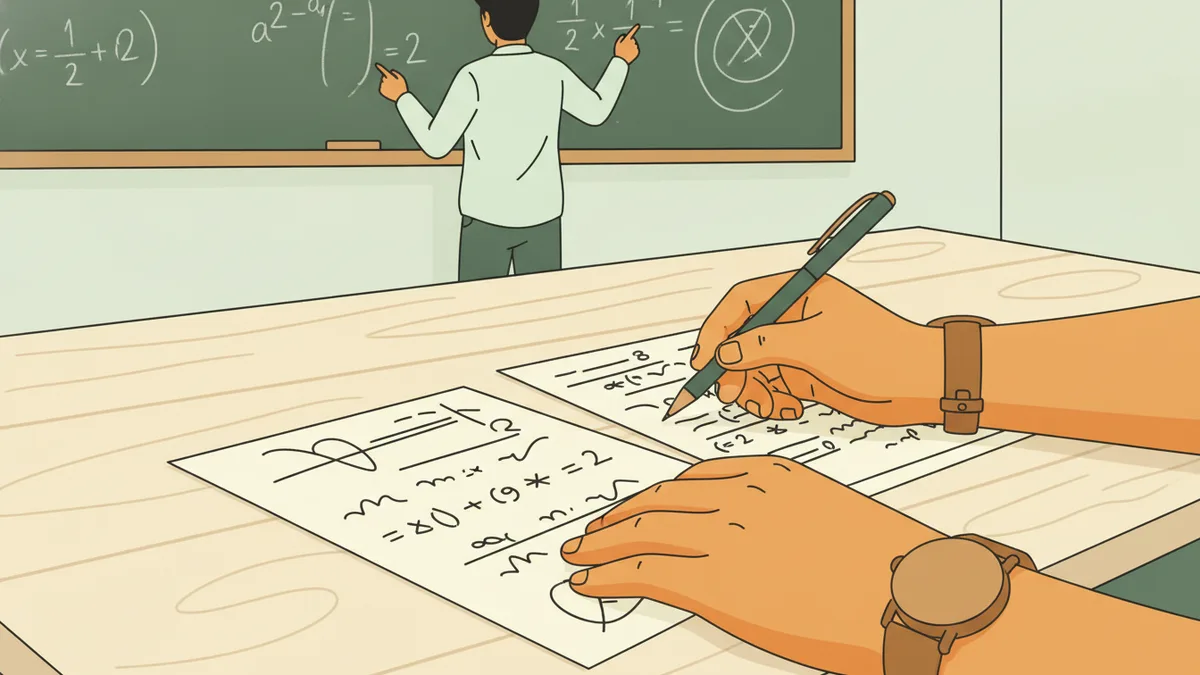 Illustration : gros plan sur les mains de deux étudiants qui rédigent un calcul sur une feuille, sur une table de classe ; au fond, un étudiant écrit des formules au tableau.