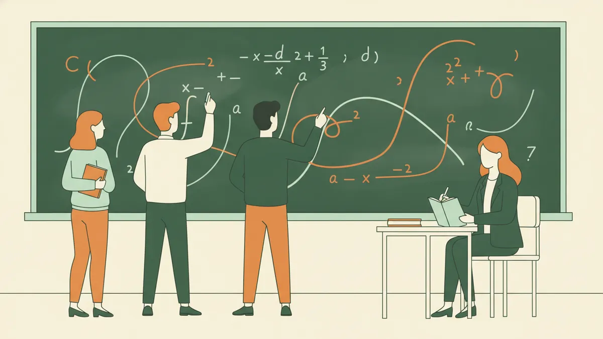 Illustration : trois étudiants debout devant un grand tableau noir couvert de courbes et de calculs ; l'un écrit à la craie pendant qu'une professeure, assise à une petite table, prend des notes.