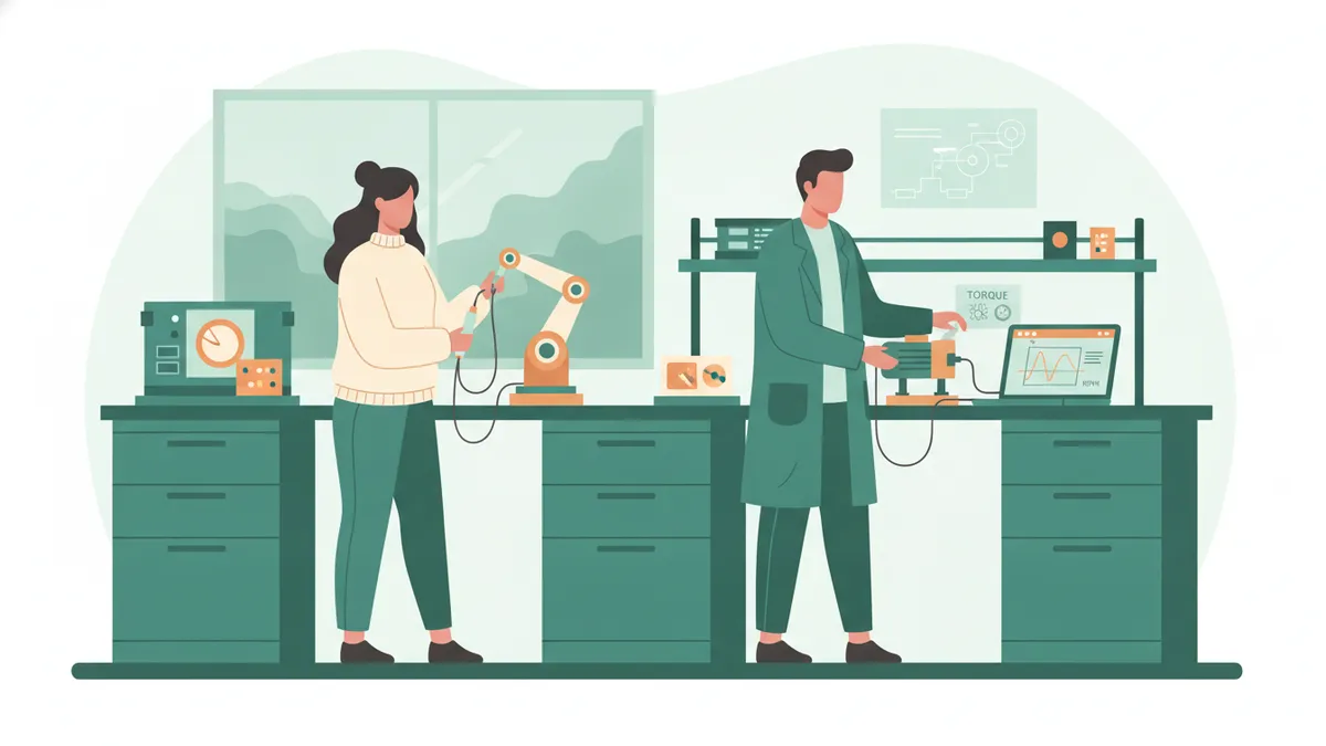 Illustration : deux étudiants en TP de sciences de l'ingénieur étudient un petit bras robotisé et un banc d'essai de moteur électrique relié à un ordinateur qui affiche une courbe ; l'une mesure avec un capteur, l'autre règle le moteur.