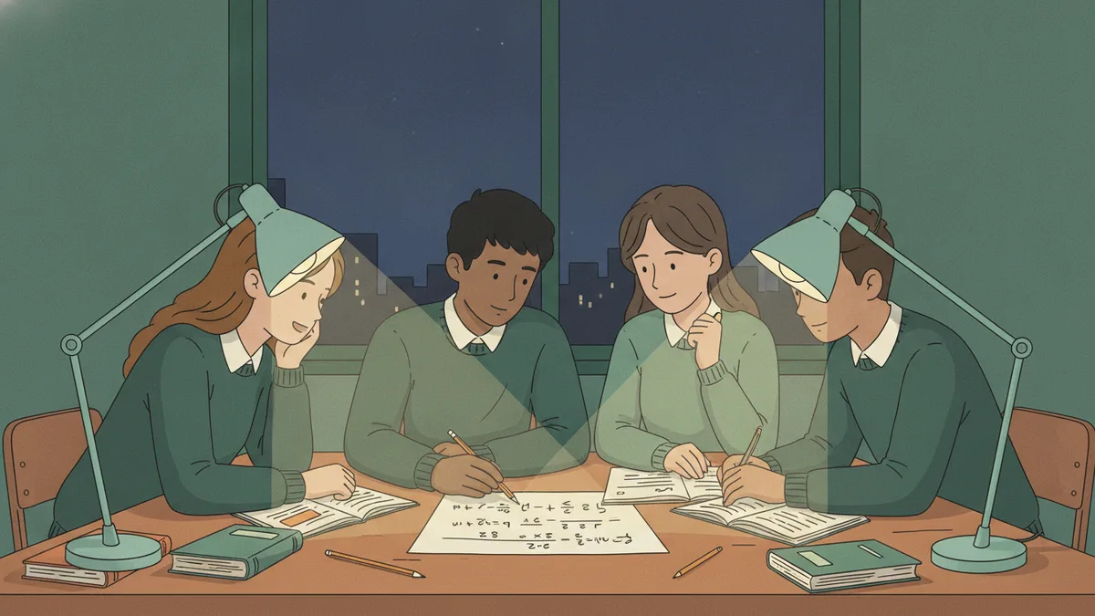 Illustration : le soir, quatre étudiants autour d'une table s'entraident sur un problème de maths sous des lampes de bureau, le ciel est bleu nuit par la fenêtre.
