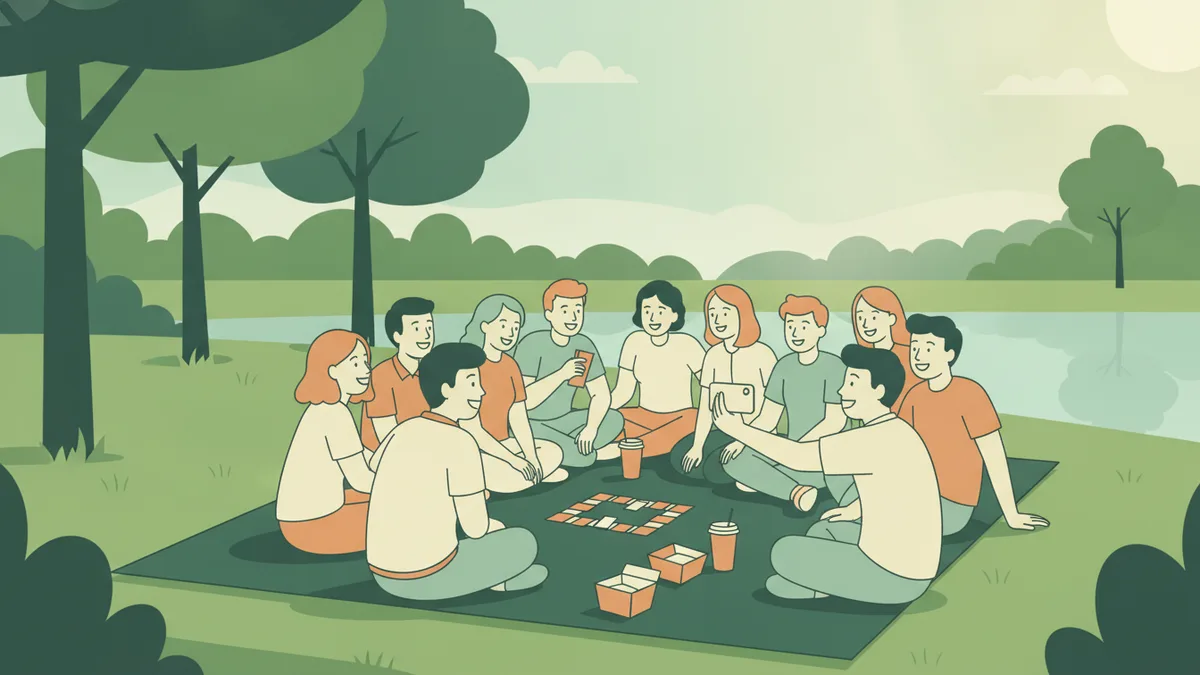 Illustration : une dizaine d'étudiants pique-niquent et rient sur l'herbe d'un parc ensoleillé, au bord d'un petit lac, l'un prend un selfie de groupe, d'autres jouent aux cartes.