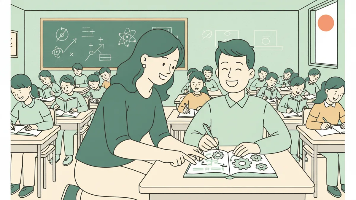 Illustration : une professeure accroupie près du bureau d'un étudiant lui explique un exercice, l'étudiant sourit, soulagé ; autour, la classe travaille calmement.