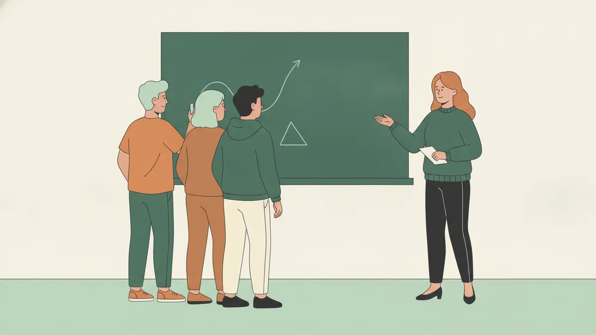 Illustration : trois étudiants debout face au tableau noir, où une professeure leur montre une courbe et un triangle qu'elle vient de tracer.