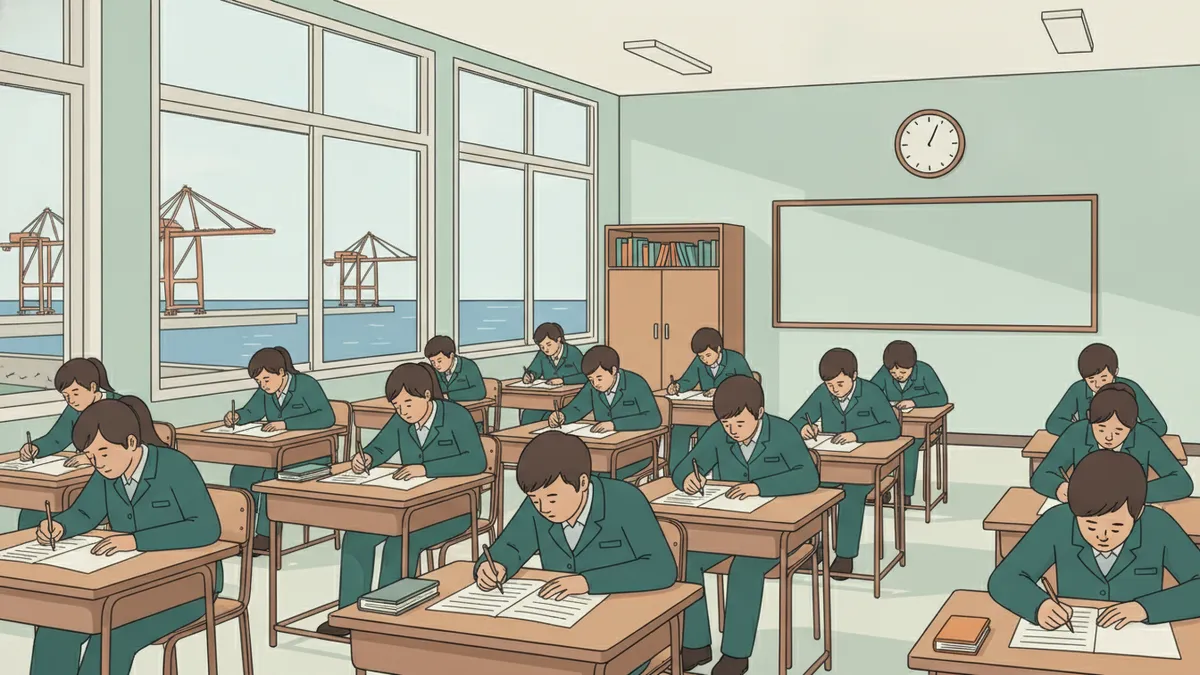 Illustration : une salle de classe où des étudiants rédigent un long devoir en silence ; une horloge au mur, et par les grandes fenêtres un port avec des grues et la mer au loin.