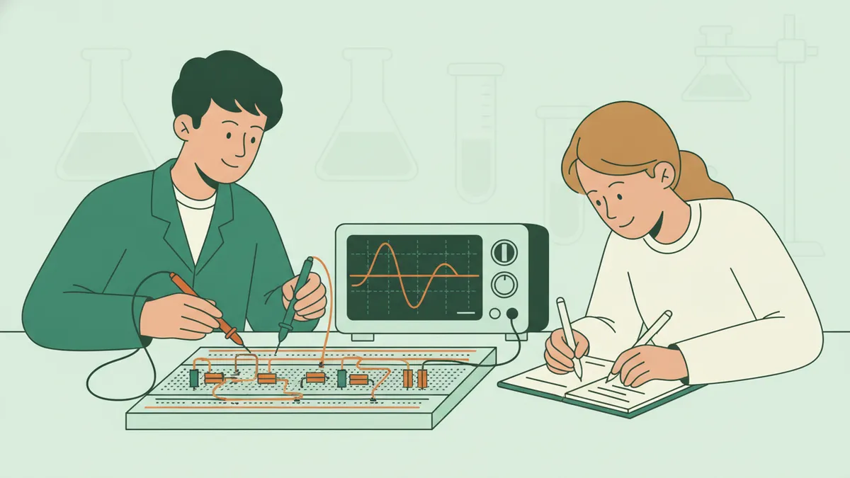 Illustration : gros plan sur deux étudiants en salle de physique qui mesurent un circuit électrique avec un multimètre et un oscilloscope affichant une courbe ; l'un note les résultats dans un cahier.