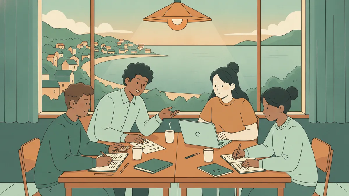 Illustration : en début de soirée, quatre étudiants travaillent autour de tables rapprochées ; l'un explique un exercice de maths aux autres sur une feuille ; par la fenêtre, une petite ville au bord d'une baie.