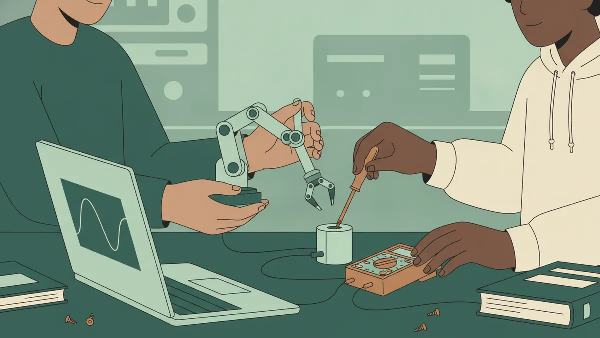 Illustration : gros plan sur les mains de deux étudiants qui mesurent le mouvement d'un petit bras robotisé avec un capteur relié à un ordinateur portable affichant une courbe ; un multimètre et un tournevis sur la paillasse.